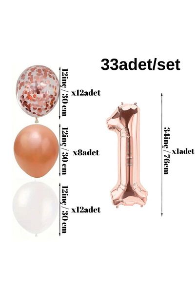 Konsept Sepeti Σετ μπαλόνι Rosegold 1 έτους - Λευκό καραμέλα, πανό Happy Birthday (ΔΩΡΟ BALLOON BAND)