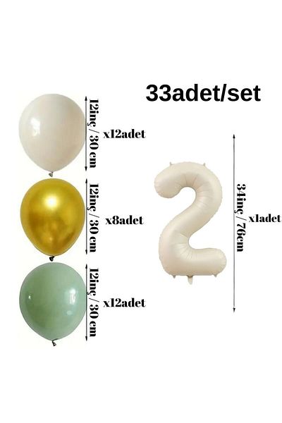 Konsept Sepeti 2 Years Old Retro Mold Green Chrome Gold Sea Sand Balloon Set - Happy Birthday Banner (WITH BALLON BAND GIFT)