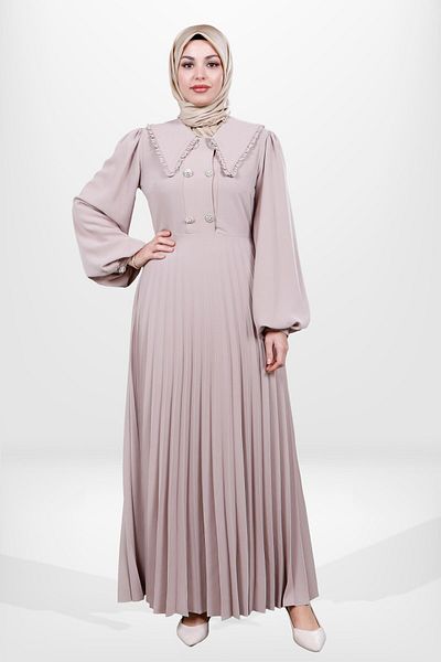 Beyza Μπεζ Φόρεμα Hijab - Λεπτομέρεια με κουμπιά και πλισέ φούστα 5564
