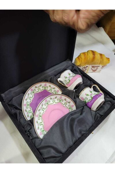 esdekor 2'li Ince Osmanlı Çiçekli Kahve Fincan 90cc Oksit Sarı Mavi Beyaz Gold Elde Yıkanır Yaldızlı