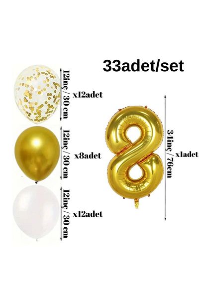 Konsept Sepeti 8 Year Old White Balloon Set - Happy Birthday Banner with Gold Chrome Confetti (WITH BALLON BAND GIFT)