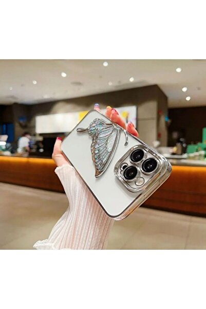 Solid iPhone 15 Pro Max Uyumlu Parlak Glitter Lensli Simli Kelebek Desenli Kılıf