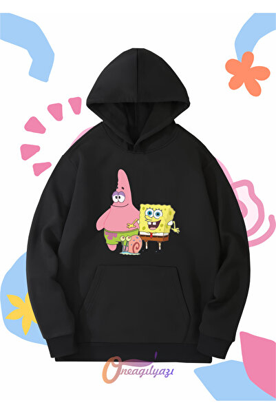 oneagılyazı سويت شيرت للأطفال للجنسين - طباعة سبونج بوب، مقاس كبير بغطاء للرأس