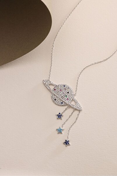 Nereze 925 Ayar Gümüş Rodyum Kaplama Sallantı Yıldızlı Gezegen Kolye