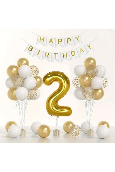 Konsept Sepeti 2 Year Old White Balloon Set - Happy Birthday Banner with Gold Chrome Confetti (WITH BALLON BAND GIFT)