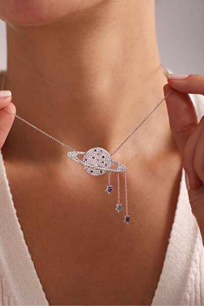 Nereze 925 Ayar Gümüş Rodyum Kaplama Sallantı Yıldızlı Gezegen Kolye