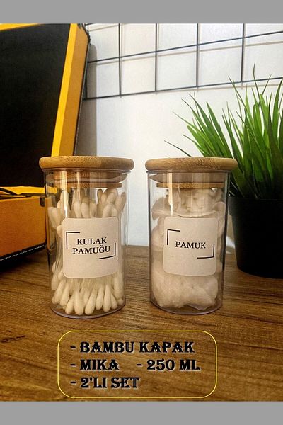 Karçiçeği Home طقم حمام مكون من قطعتين بغطاء من الخيزران وخيط تنظيف أسنان أكريليك وبراعم قطن وقطن وقطن للمكياج سعة 250 مل