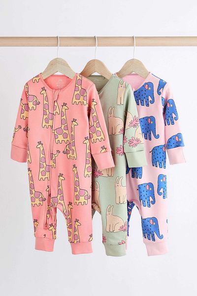Next Baby Pink Animal Patterned 100% Cotton 3-Piece Overalls Set