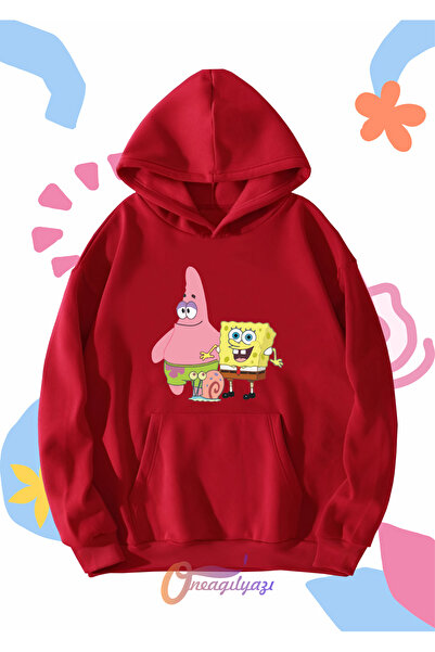 oneagılyazı Çocuk Unisex Sünger Bob Baskılı Oversize Kapüşönlü Sweatshirt