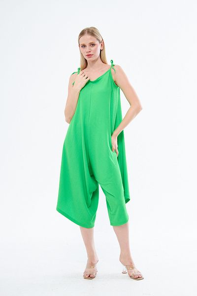 Moda Işık بذلة نسائية ذات أشرطة طويلة مجعدة باللون الأخضر