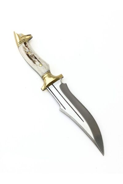 Genel Markalar Küçük Kurt Başlı Kamp Outdoor Bıçağı, Boynuz Sap ve 4116 Alman Serisi Çelik,Özel Deri Kılıf