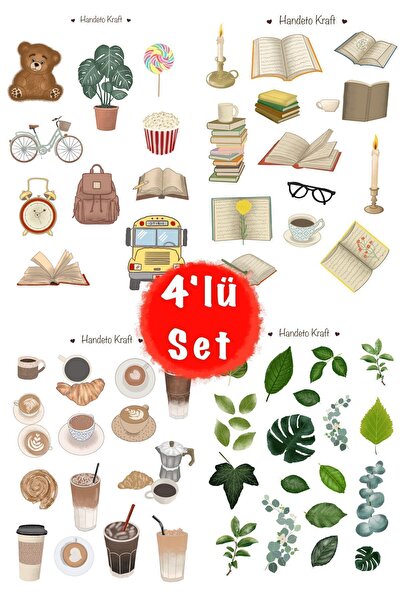 Handeto Kraft Kitap Temalı 4lü Çoklu Sticker Seti, Çıkartma, Scrapbook, Bulle...