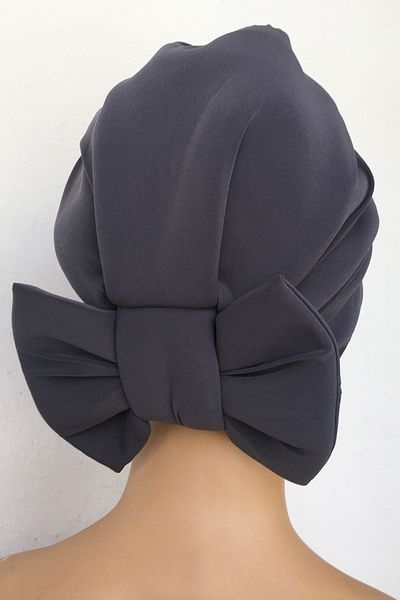 Vera Bone Mihrace Ready Turban Dark Gray Cross Banded Lined Padded Bow Reversible Hijab Bonnet