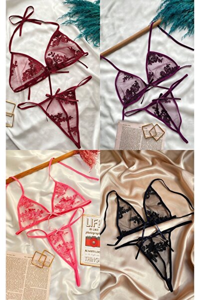 Maly Love Set de sutien și chiloți brodați cu dantelă florală, pachet de 4 pi...