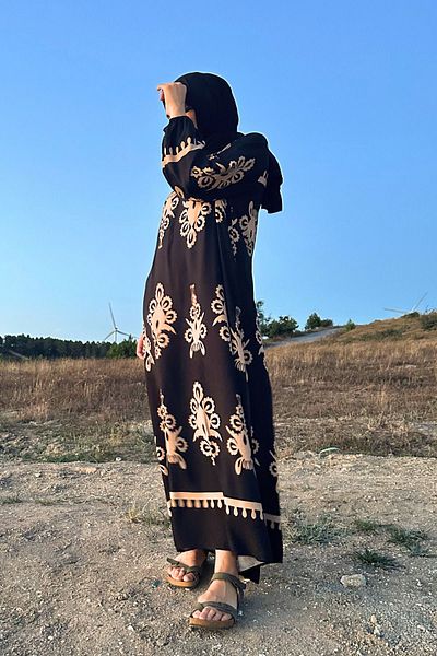Yefrastore Φόρεμα βισκόζης με έθνικ σχέδιο - Hijab, μαύρο μπεζ, γιακάς με κουμπιά