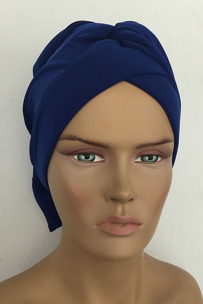 Vera Καπάκι κολύμβησης Mihrace Ready Turban Saks Μπλε σταυρός με επένδυση με επένδυση με φιόγκο αναστρέψιμο καπάκι χιτζάμπ