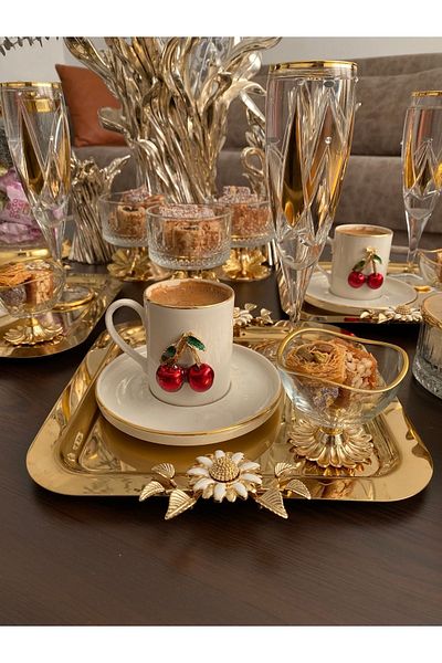 atabey home collection 6 قطع من صينية القهوة والشاي والعرض، صينية ذهبية من الفولاذ، موديل البابونج