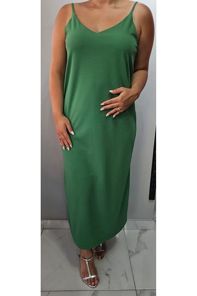 Butik Nilyam Plus Size Midi Women's Dress - V-Neck, Strap and Slit Detail 24136