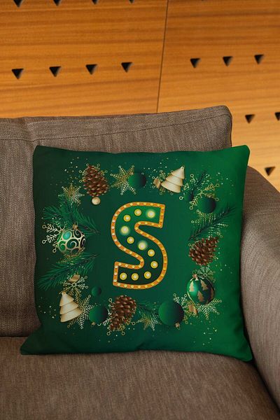 Şah Dekor New Year Themed Green Colored Globe Patterned Letter Digital Printed Throw Pillow Cover