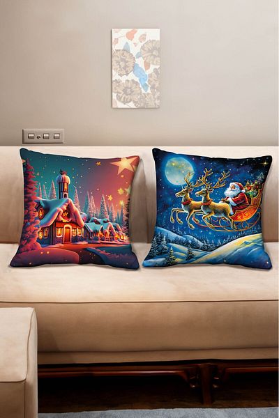 Şah Dekor New Year's Themed Deer Patterned Blue Red Digital Printed Sofa Cushion - Pillow Case