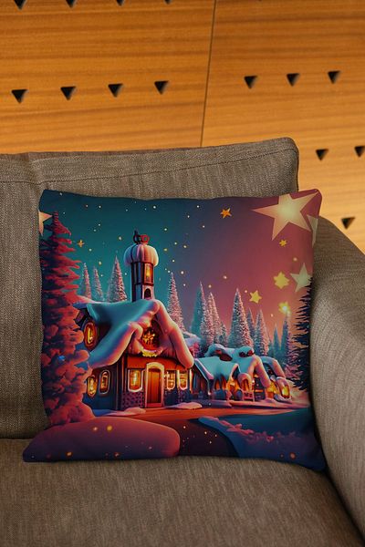 Şah Dekor New Year's Themed Home and Star Figured Blue Red Colored Digital Printed Ornamental Throw Pillow Cover