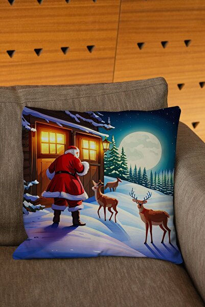 Şah Dekor غطاء وسادة مزخرف مطبوع رقميًا بألوان زرقاء وبيضاء مع شخصيات غزال وس...