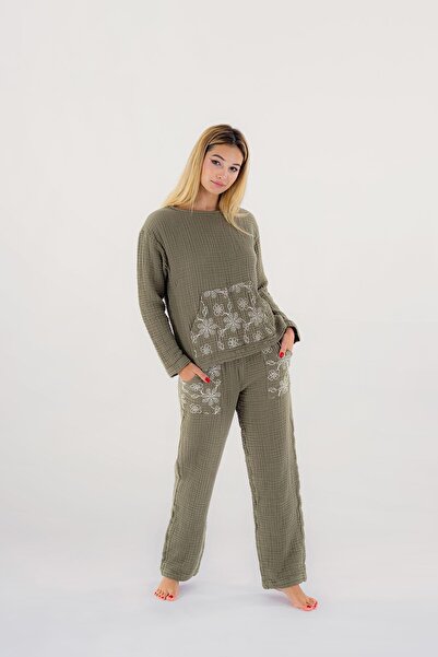 Zeliha Baysan Müslin Sevgili Çift Kadın Pijama Takımı Haki