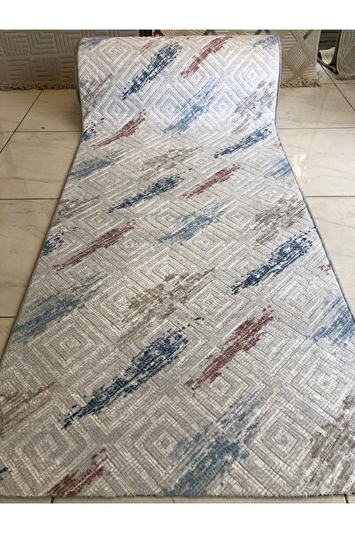 Sarar Kabartmalı Halı Dokusunda Jel Kaymaz Taban Yıkanabilir Kesme Yolluk Üst Kalite Mavi Pudra Yeni Desen