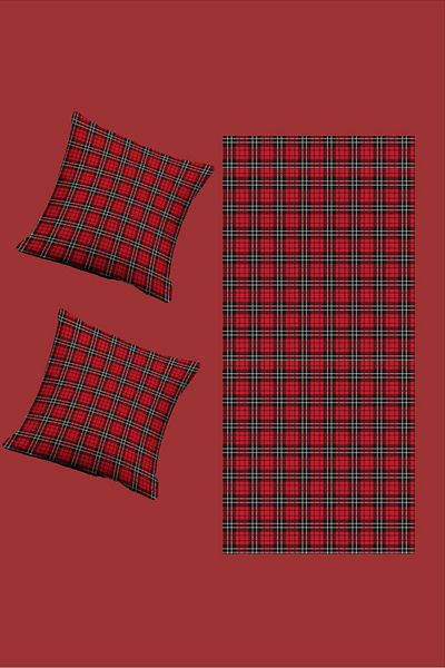 Şah Dekor New Year's Themed Plaid Patterned Red and White Colors 2-Piece Throw Pillow Cover and Runner Set