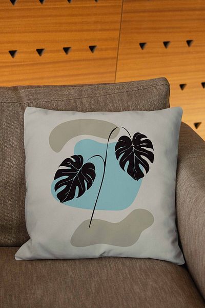Şah Dekor Flat Art Design, stil boem, model de frunze, 4 piese, husă de pernă imprimată digital în culori albastre crem