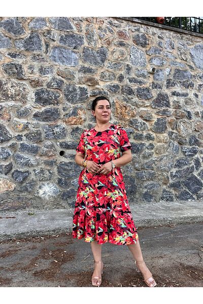MJORA Plus Size Red Patterned Ruffle Skirt Dress