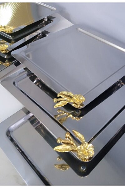 Elzem Paslanmaz Çelik 6 Li Kare Sunum Tepsisi Japon Gül Aksesuarlı Lux