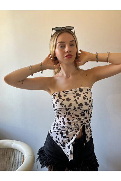 Zechka Λευκή Στράπλες Μπλούζα Crop από Τούλι - ZCKSA320