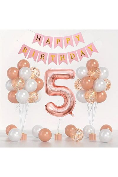 Konsept Sepeti Σετ μπαλονιών Rosegold Age 5 - Happy Birthday Banner με λευκό καφέ (ΔΩΡΟ ΜΠΑΛΟΝΙ ΜΠΑΝΤΙ)