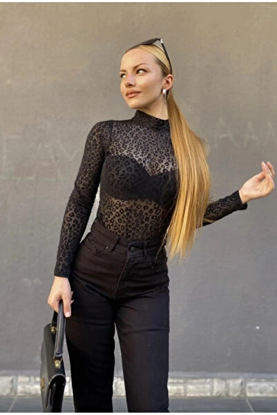 KissBump Kadın Siyah Leopar Desen Kalın Tül Bluz