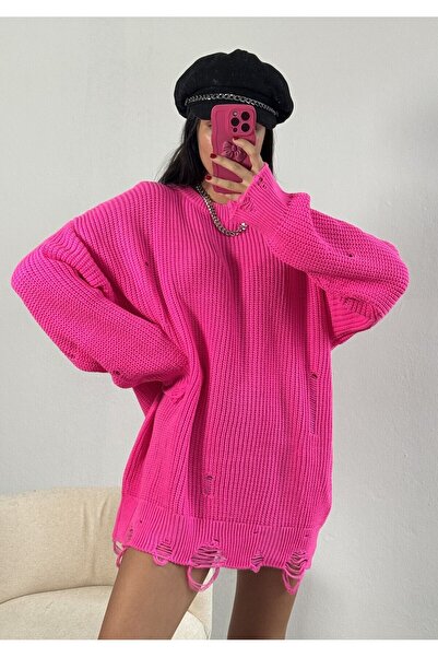 minaaise Pulover de tricotaj supradimensionat lung fucsia rupt 26031