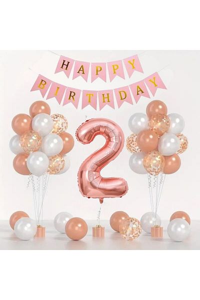 Konsept Sepeti 2 Year Old Rosegold Balloon Set - White, Happy Birthday Banner with Confetti (WITH BALLON BAND GIFT)