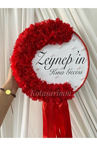 KO TASARIM 30 Cm Kırmızı Şifon Çiçekli Gelin Defi