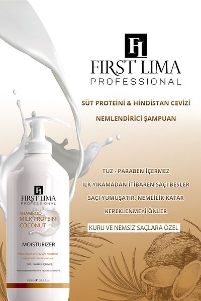 First Lima Professional 1000 ml Salt-Free Dandruff and Coconut Moisturizing Milk Protein Shampoo for Dry Hair