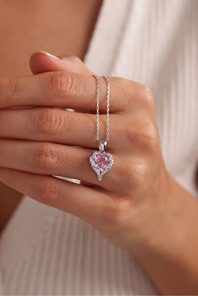 Nereze 925 Ayar Gümüş Rodyum Kaplama Pembe Taşlı Kalp Kolye