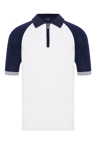 Germirli Polo Collar White Navy Blue Regular Fit Knitwear - Zippered