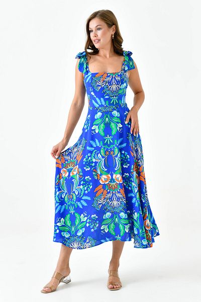 WOMAN VISION Rochie midi cu papion cu decolteu pătrat cu imprimeu floral albastru - Design cu bretele cu detaliu decoltat la spate 105