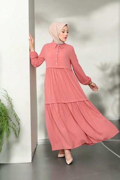 MODAQU Powder Color Viscose Hijab Dress - Shirt Collar