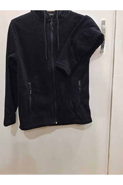 NUR TEKSTİL erkek siyah traşlı kapşonlu önü fermuarlı cepli polar hırka
