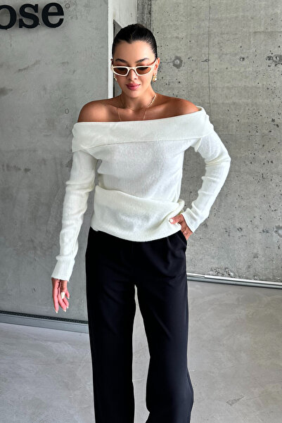 MODAGEN Weißer Strickpullover – Damen, Madonna-Kragen