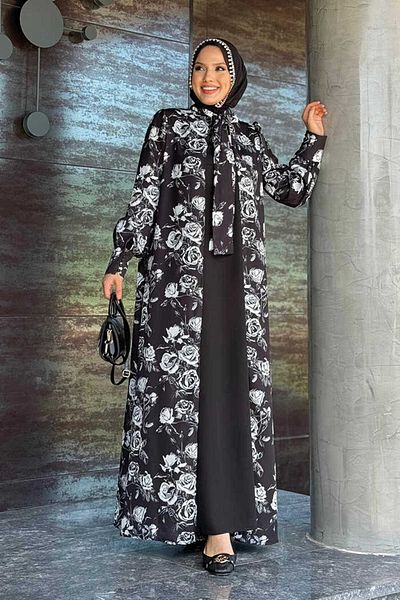Bym Fashion Μαύρο Σετ Φόρεμα Abayalı με λαιμόκοψη με φλοράλ σχέδιο - 3907