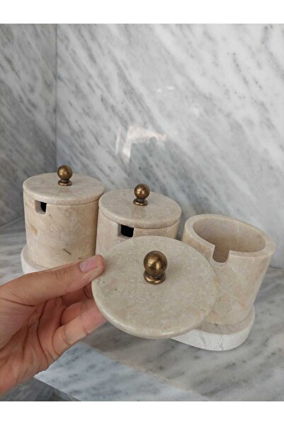 Sümeyra Marble Art Beige Marble Spice Rack - Antique Gold Accessories 4 Pieces