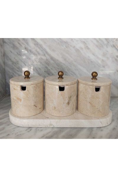 Sümeyra Marble Art Beige Marble Spice Rack - Antique Gold Accessories 4 Pieces