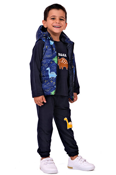 Merdia Boy's Dinosaur Printed Inflatable Vest and Combed Cotton 3-Piece Set - Hooded