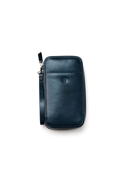 HELMBROOK Carlye Γνήσιο Δερμάτινο Navy Blue Unisex Τσάντα με φερμουάρ Rfid με μπροστινή τσέπη και βραχιολάκι